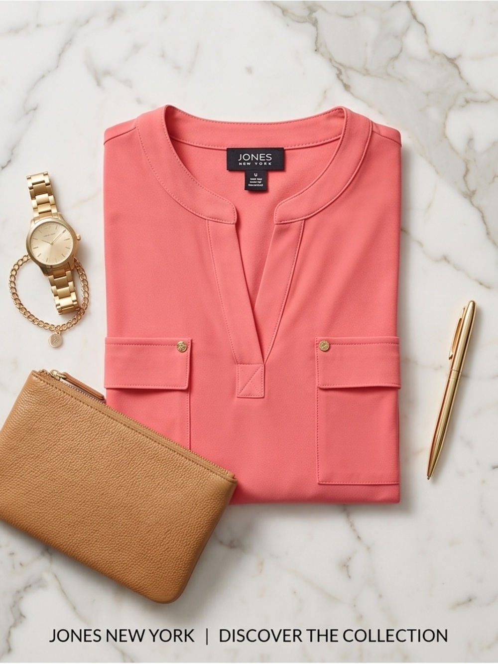 Jones New York Coral V-Neck Tunic with Front Flap Pockets - Picture 4 of 5